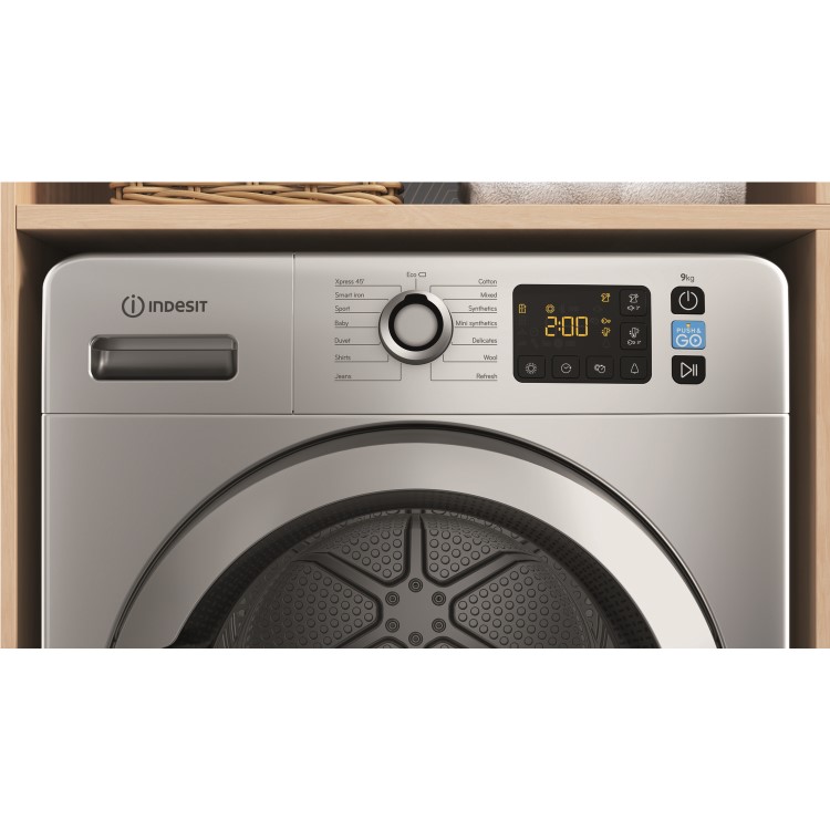 Refurbished Indesit Push & Go YTM1192SSXUK Freestanding Heat Pump 9KG Tumble Dryer Silver
