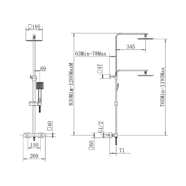 ONLY OPENED - Black Thermostatic Mixer Shower with Square Overhead & Hand Shower - Zana