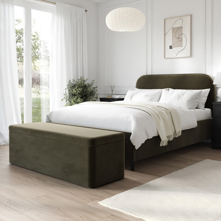 Khaki Green Velvet Upholstered Double Bed Frame with Curved Headboard - Zara