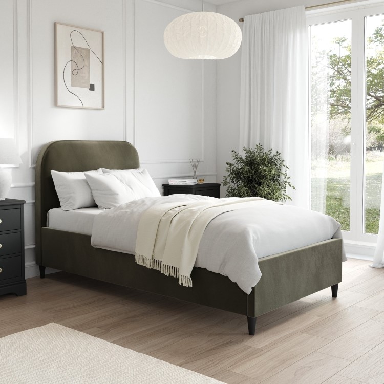 Khaki Green Velvet Upholstered Single Bed Frame with Curved Headboard - Zara