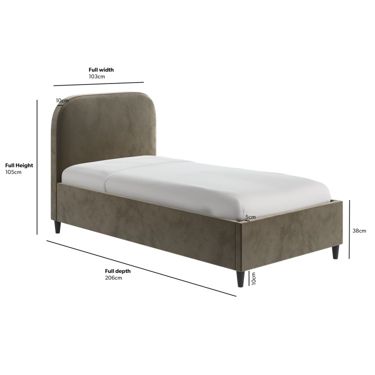 Khaki Green Velvet Upholstered Single Bed Frame with Curved Headboard - Zara