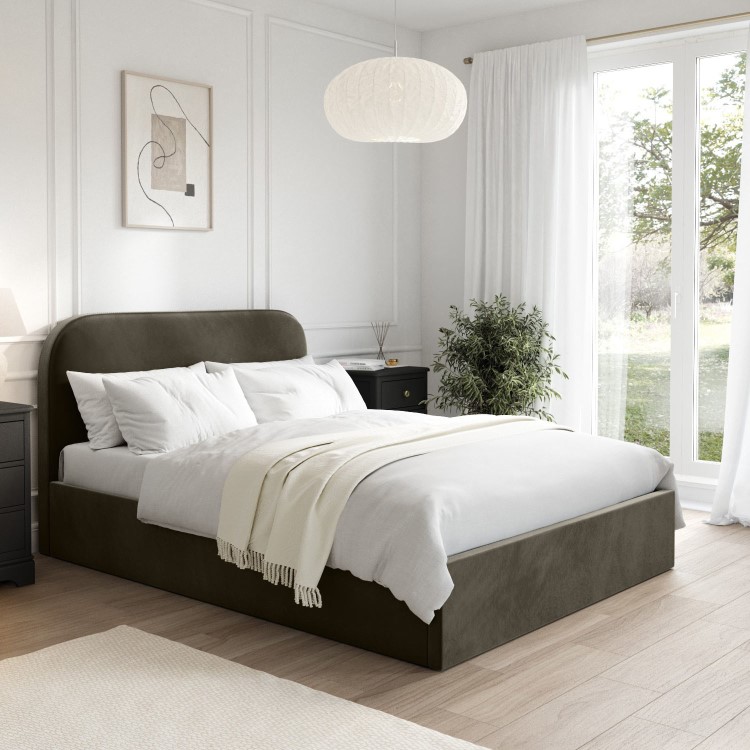 Khaki Green Velvet Upholstered Double Ottoman Bed with Curved Headboard - Zara