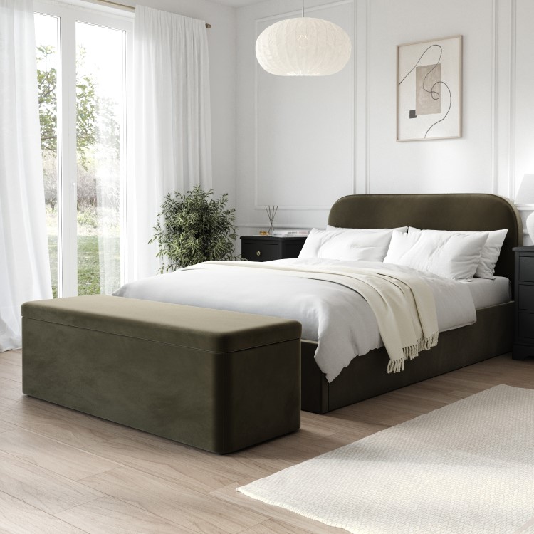 Khaki Green Velvet Upholstered Double Ottoman Bed with Curved Headboard - Zara