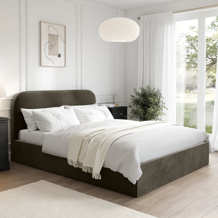 Khaki Green Velvet King Size Ottoman Bed Frame - Zara