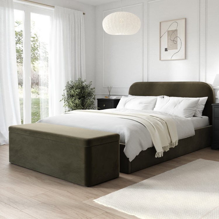 ONLY OPENED - Khaki Green Velvet Upholstered King Size Ottoman Bed with Curved Headboard - Zara