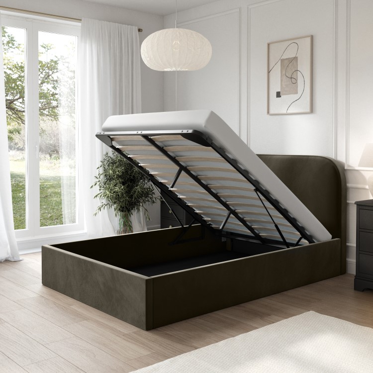 Khaki Green Velvet Upholstered Small Double Ottoman Bed with Curved Headboard - Zara