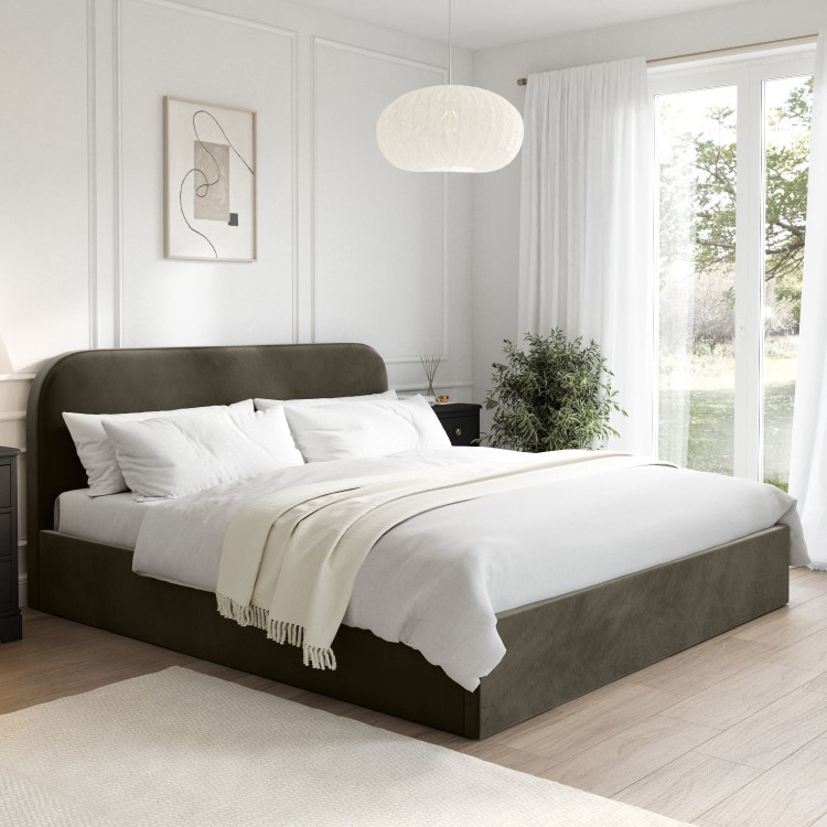 Khaki Green Velvet Upholstered Super King Ottoman Bed with Curved Headboard - Zara