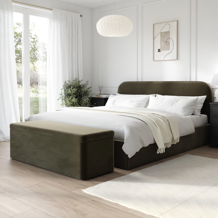 Khaki Green Velvet Upholstered Super King Ottoman Bed with Curved Headboard - Zara