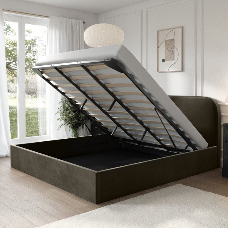 Khaki Green Velvet Upholstered Super King Ottoman Bed with Curved Headboard - Zara