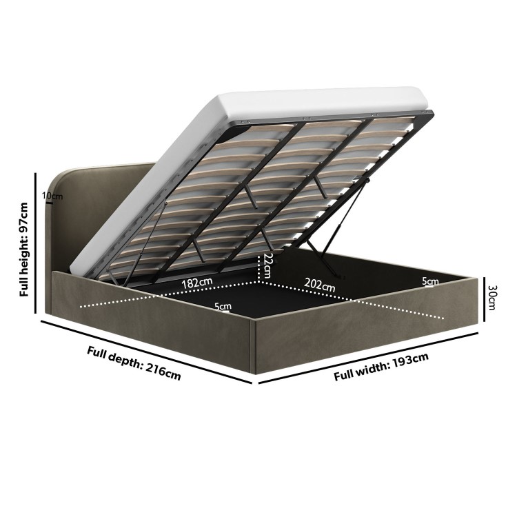 Khaki Green Velvet Upholstered Super King Ottoman Bed with Curved Headboard - Zara