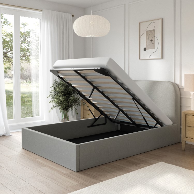 Grey Upholstered Small Double Ottoman Bed with Curved Headboard - Zara