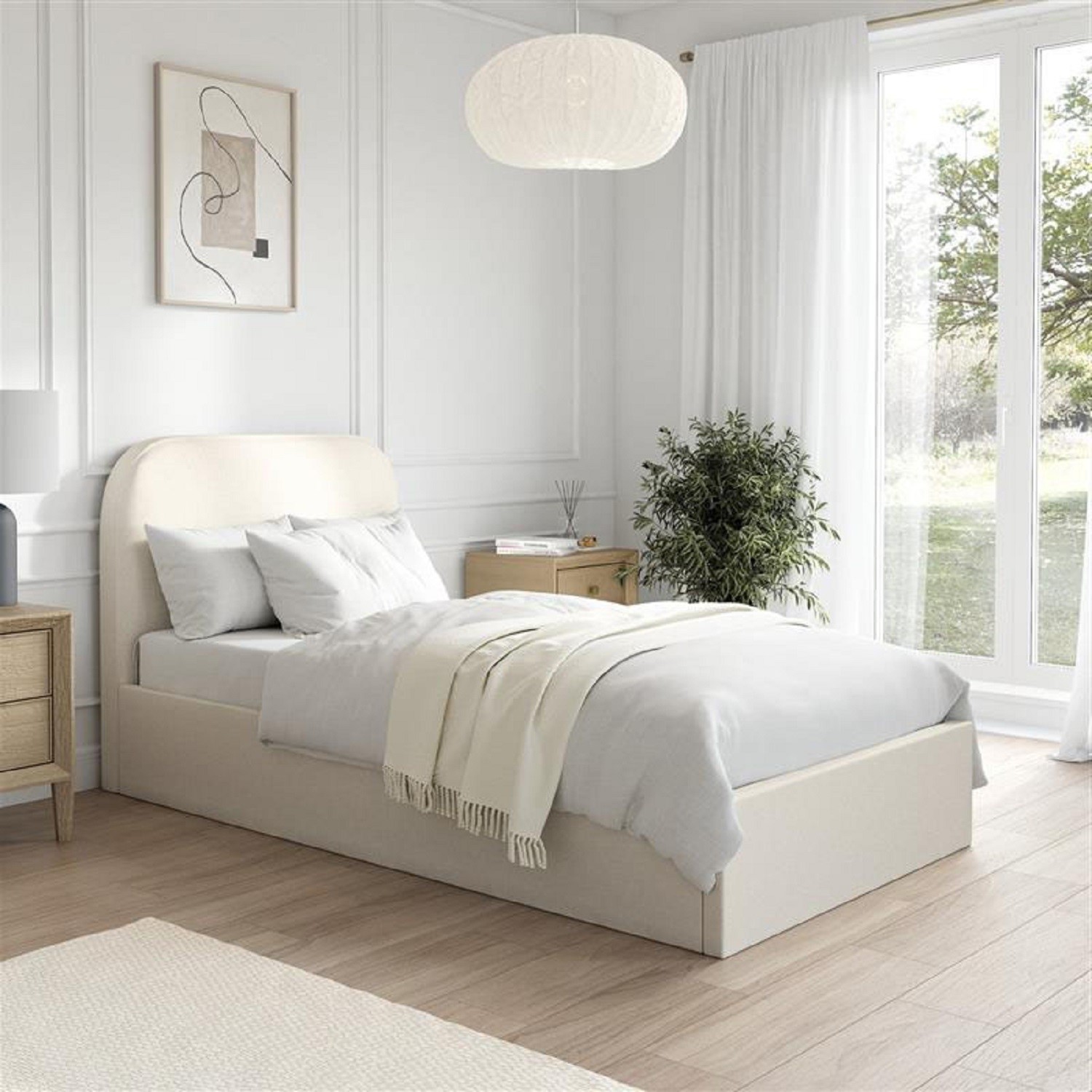 Cream Upholstered Single Ottoman Bed with Curved Headboard - Zara