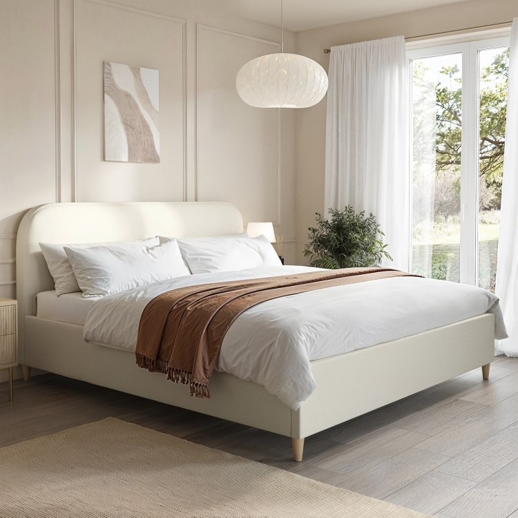 Cream Upholstered Super King Bed Frame with Curved Headboard - Zara
