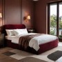 Burgundy Velvet Upholstered Double Ottoman Bed with Curved Headboard - Zara