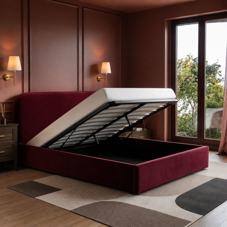 Burgundy Velvet Upholstered Double Ottoman Bed with Curved Headboard - Zara