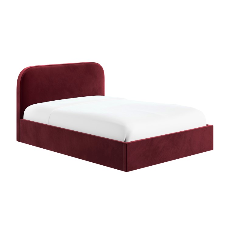 Burgundy Velvet Upholstered Double Ottoman Bed with Curved Headboard - Zara