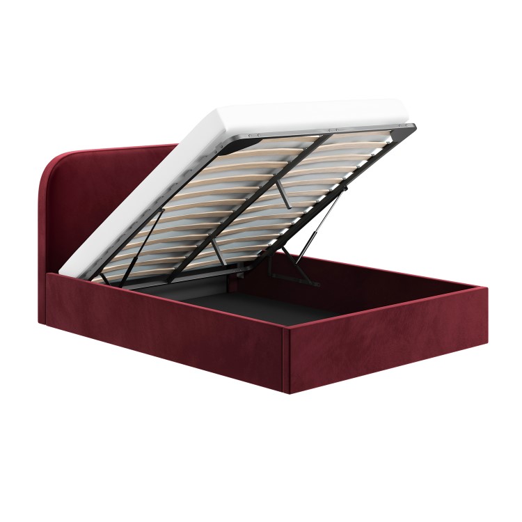 Burgundy Velvet Upholstered Double Ottoman Bed with Curved Headboard - Zara