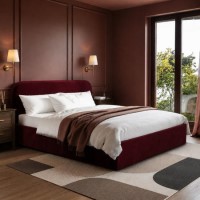 Burgundy Velvet Upholstered King Size Ottoman Bed with Curved Headboard - Zara