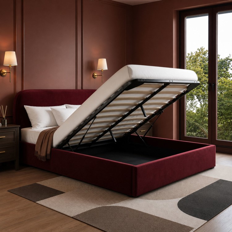 Burgundy Velvet Upholstered King Size Ottoman Bed with Curved Headboard - Zara