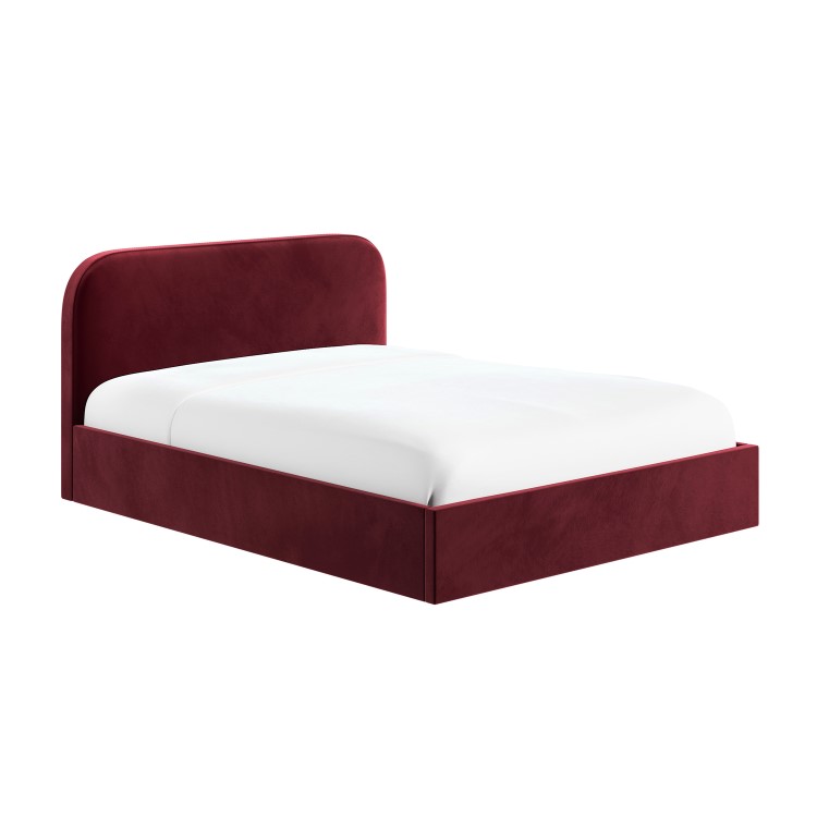 Burgundy Velvet Upholstered King Size Ottoman Bed with Curved Headboard - Zara