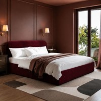 Burgundy Velvet Upholstered Super King Ottoman Bed with Curved Headboard - Zara