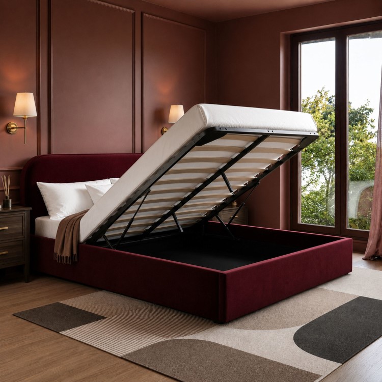 Burgundy Velvet Upholstered Super King Ottoman Bed with Curved Headboard - Zara