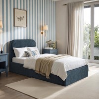 Blue Upholstered Single Ottoman Bed with Curved Headboard - Zara