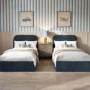 Blue Upholstered Single Ottoman Bed with Curved Headboard - Zara