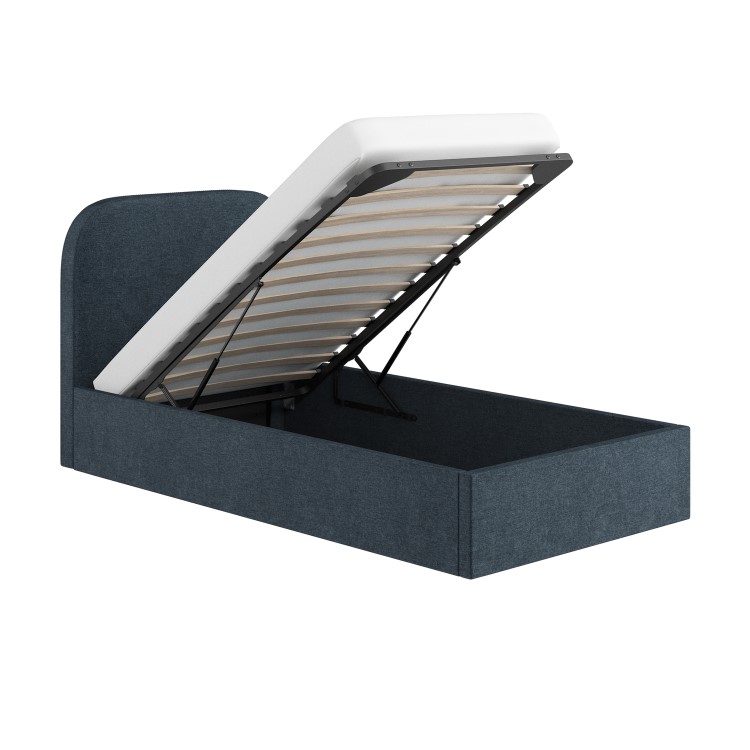 Blue Upholstered Single Ottoman Bed with Curved Headboard - Zara