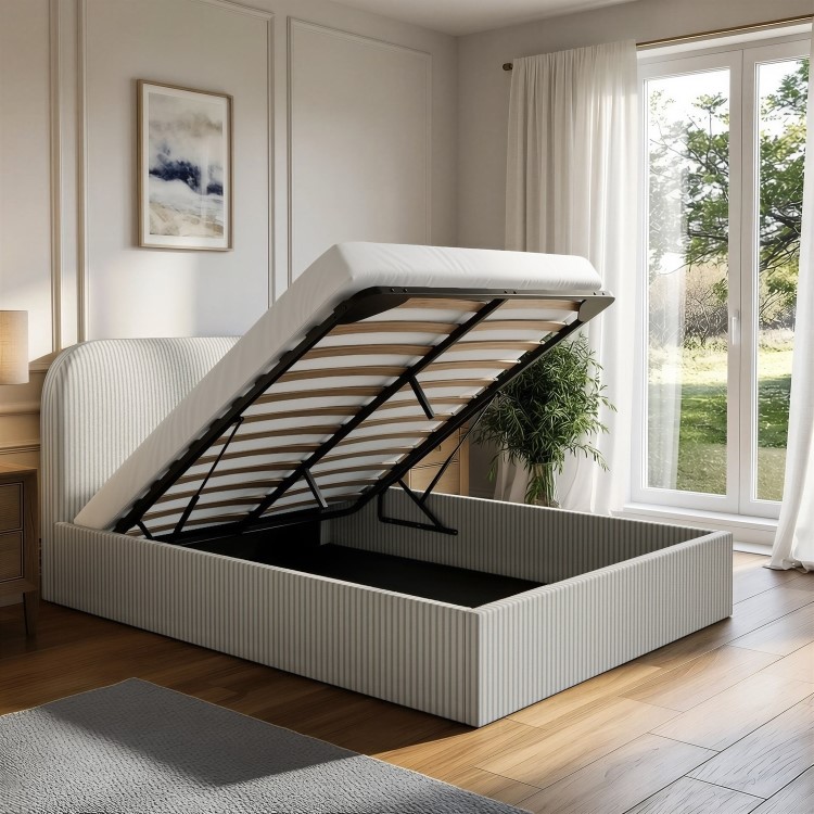 Cream and Grey Striped Double Ottoman Bed With Curved Headboard - Zara