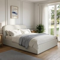 Cream and Grey Striped King Size Ottoman Bed With Curved Headboard - Zara