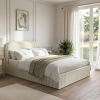Cream and Green Striped Double Ottoman Bed With Curved Headboard - Zara