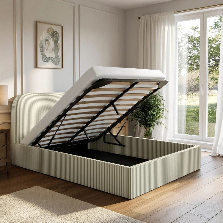Cream and Green Striped Double Ottoman Bed With Curved Headboard - Zara