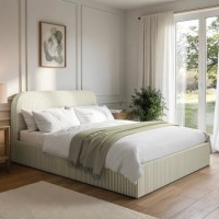 Cream and Green Striped King Size Ottoman Bed With Curved Headboard - Zara