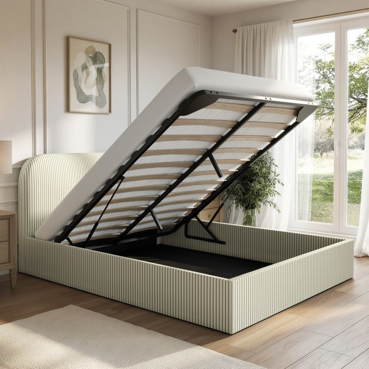 Cream and Green Striped King Size Ottoman Bed With Curved Headboard - Zara