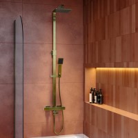 Brushed Brass Square Thermostatic Bar Bath Mixer Shower Set with Bath Filler Spout  Slide Rail Kit & Hand Shower - Zana Brushed Brass Square Thermostatic Bar Bath Mixer Shower Set with Bath Filler Spout  Slide Rail Kit & Hand Shower - Zana