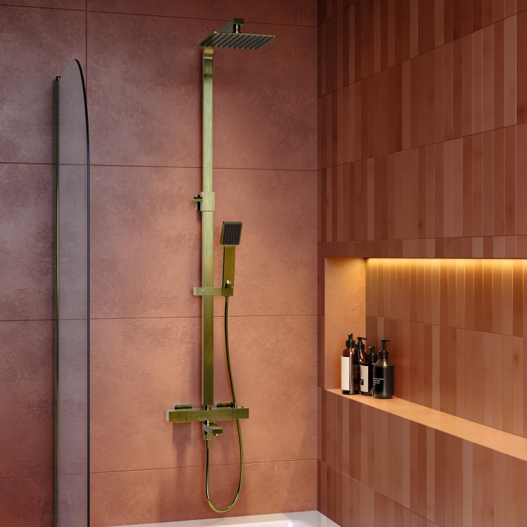 Brushed Brass Square Thermostatic Bar Bath Mixer Shower Set with Bath Filler Spout  Slide Rail Kit & Hand Shower - Zana