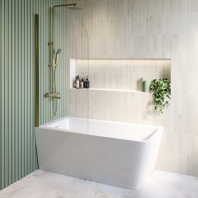 Brushed Brass Square Thermostatic Bar Bath Mixer Shower Set with Bath Filler Spout  Slide Rail Kit & Hand Shower - Zana