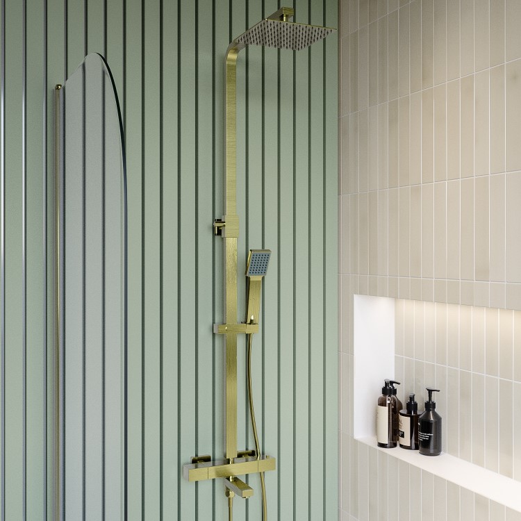 Brushed Brass Square Thermostatic Bar Bath Mixer Shower Set with Bath Filler Spout  Slide Rail Kit & Hand Shower - Zana