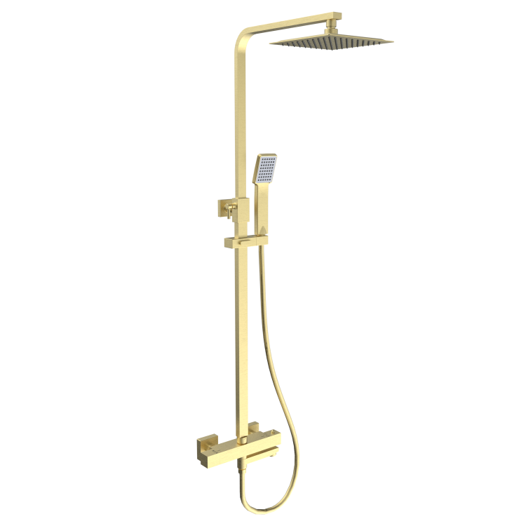 Brushed Brass Square Thermostatic Bar Bath Mixer Shower Set with Bath Filler Spout  Slide Rail Kit & Hand Shower - Zana