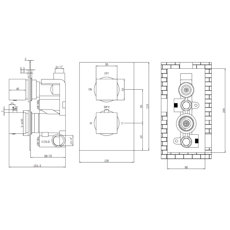 ONLY OPENED - Brushed Brass 1 Concealed Thermostatic Shower Valve with Dual Control - Zana