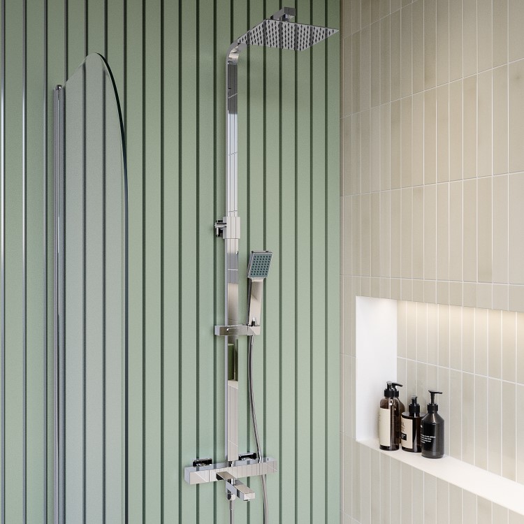 Chrome Square Thermostatic Bar Bath Mixer Shower Set with Bath Filler Spout Slide Rail Kit & Hand Shower - Zana