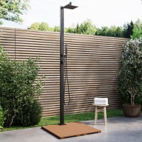 Black Thermostatic Mixer Outdoor 2 Outlets Shower Set with Wood Effect Base  - Zen