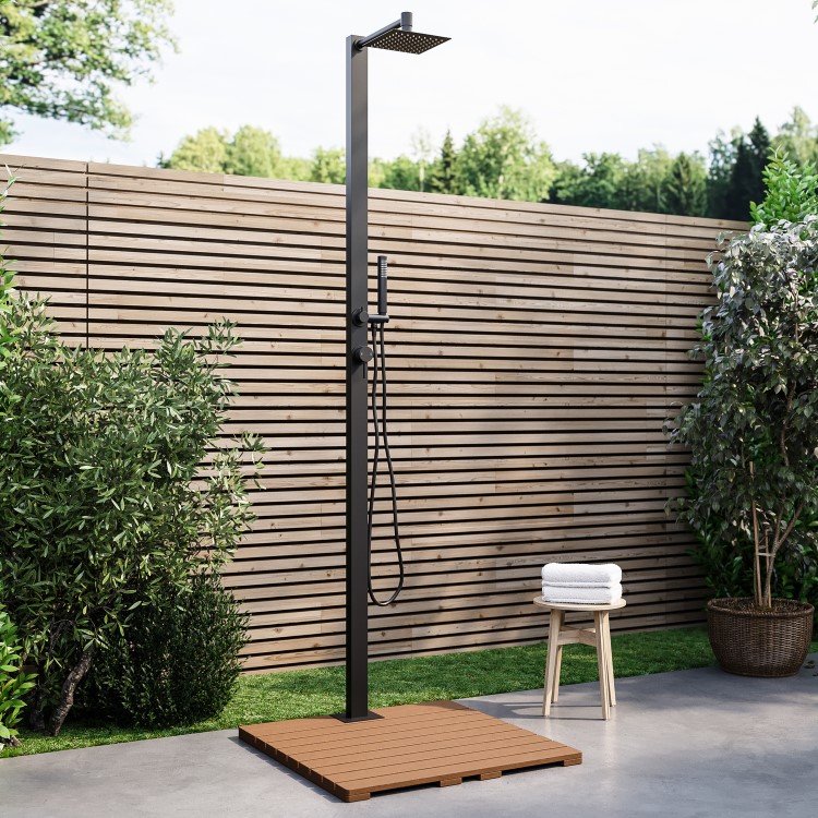 Black Thermostatic Mixer Outdoor 2 Outlets Shower Set with Wood Effect Base  - Zen