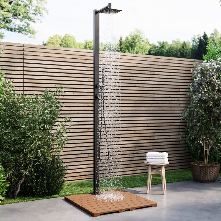 Black Thermostatic Mixer Outdoor 2 Outlets Shower Set with Wood Effect Base  - Zen