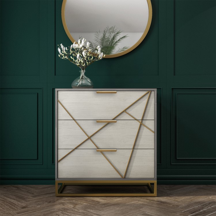 Zhara 3 Drawer Chest of Drawers in Grey with Gold Painted Wooden Trim