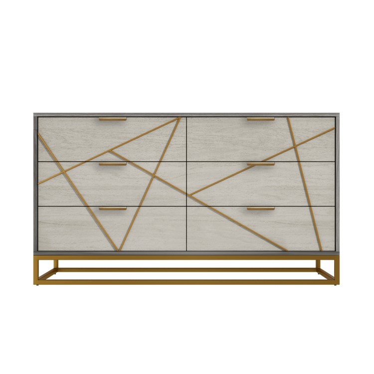 Zhara 6 Drawer Chest of Drawers in Grey with Gold Painted Wooden Trim
