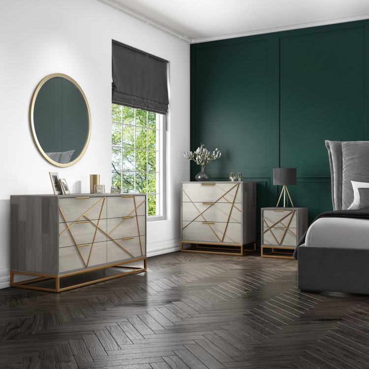 Zhara 6 Drawer Chest of Drawers in Grey with Gold Painted Wooden Trim