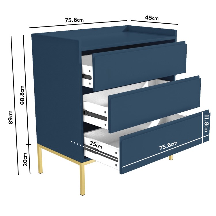 Navy Blue Modern Chest of 3 Drawers with Legs - Zion