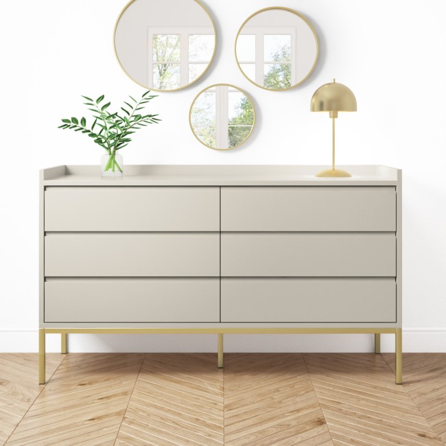 Wide Beige Modern Chest of 6 Drawers with Legs - Zion
